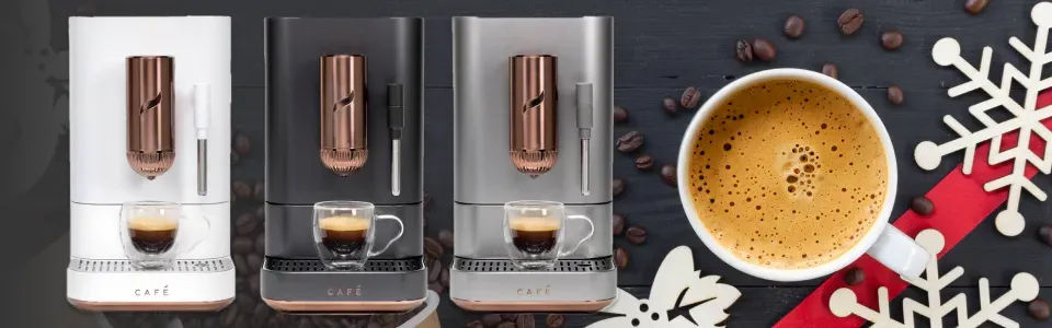 photo of three Cafe espresso machines - one in white, one in black, and one in gray. all with copper-colored accents